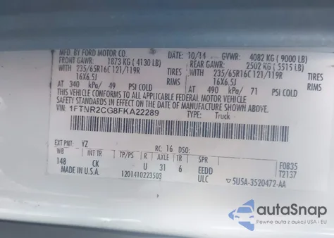 2015 Ford Transit-250 z USA, uszkodzony, nr VIN 1FTNR2CG8FKA22289